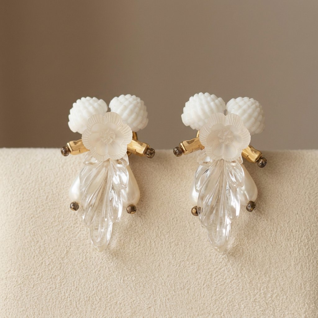 AI-styled editorial display of vintage Lucite floral earrings on cream suede