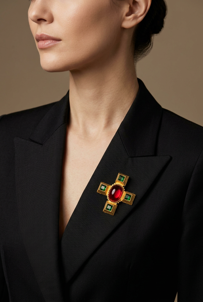 AI-styled KJL Byzantine cross worn as a brooch on a black silk lapel