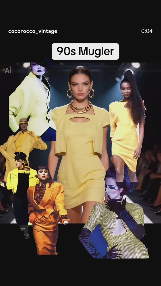 ⚡ POWER DRESSING: Thierry Mugler 1990s Yellow Ribbed Cutout Dress & Jacket Set - Sculptural Elegance