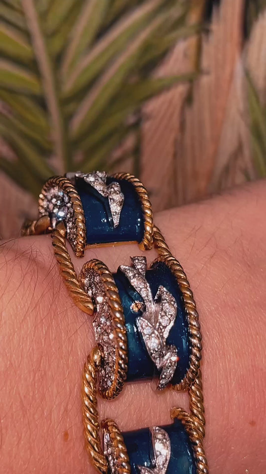 Joseph Mazer 'Empress Josephine' Navy Enamel & Crystal Bracelet and Earrings Set c.1950