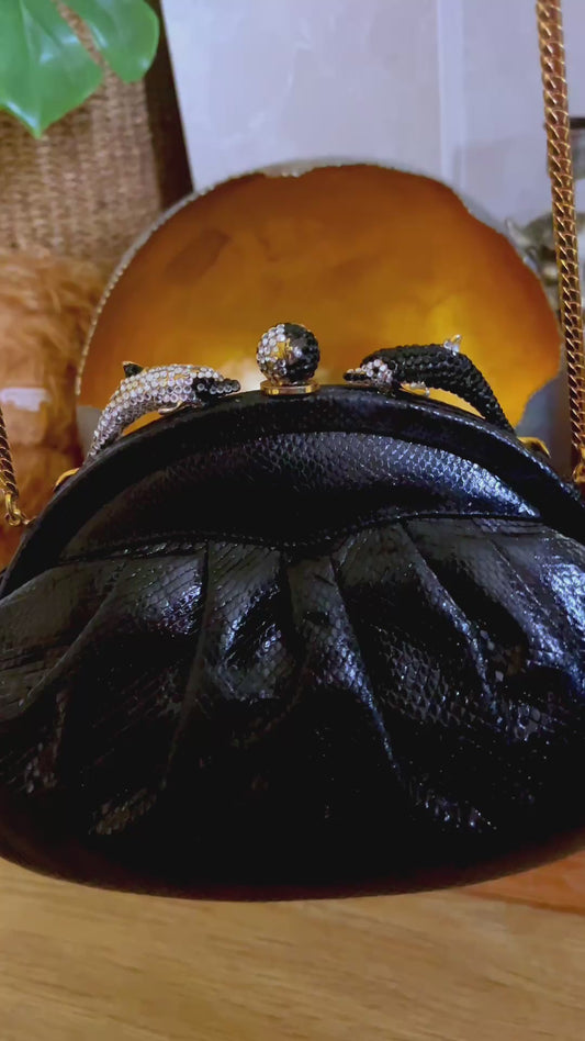 Finesse La Mode Vintage Black Snakeskin Evening Bag — Crystal Dolphin Clasp | 1980s Collector's Piece