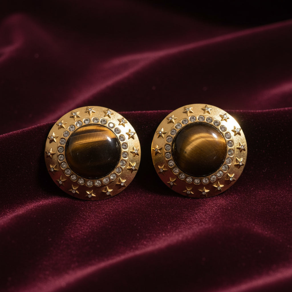 1988 Chanel Tiger's Eye Rhinestone Gold Plated Extra Large Clip Earrings