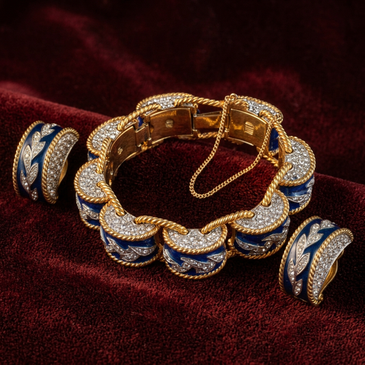 AI-styled Joseph Mazer bracelet and earrings set display on oxblood velvet